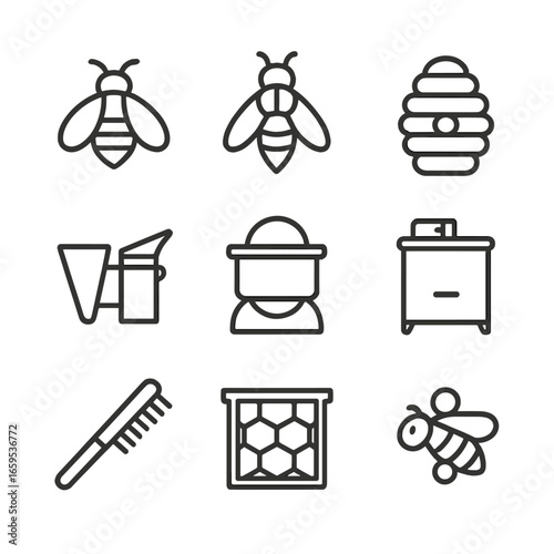 Beekeeping Icon Collection. Outline icon set of honey bees and beekeeping: honey bee, queen bee, beehive, smoker, beekeeper hat,