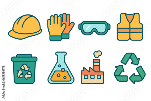 Recycling Safety Icons. Flat vector mini-illustrations safety in recycling plants in colors children's