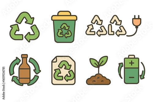 Recycling Icons for Kids. Flat vector mini-illustrations recycling symbols and logos in colors children's