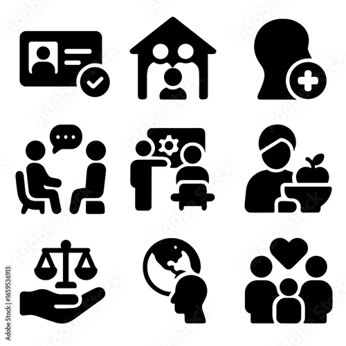 Refugee Services Icons. Solid, filled icons set of refugee support services: ID verification, shelter icon,