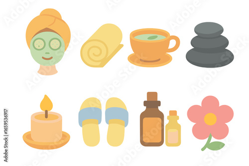 Rejuvenation Spa Icons. Flat vector mini-illustrations rejuvenation spa trips in colors children's