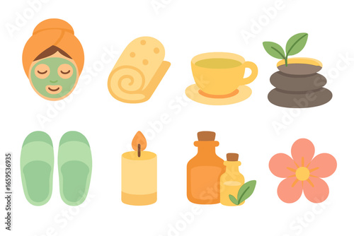 Rejuvenation Spa Icons. Flat vector mini-illustrations rejuvenation spa trips in colors children's
