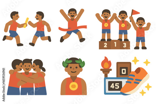 Relay Team Triumph. Flat vector mini-illustrations of track and field relay team victory in colors children's