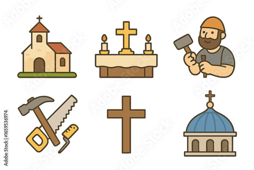 Religious Construction Icons. Flat vector mini-illustrations religious construction history in colors children
