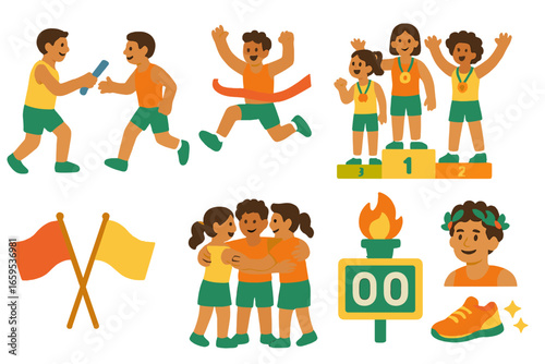 Relay Team Triumph. Flat vector mini-illustrations of track and field relay team victory in colors children's