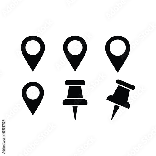Set of six black location pointers and push pins isolated on for navigation and design vector