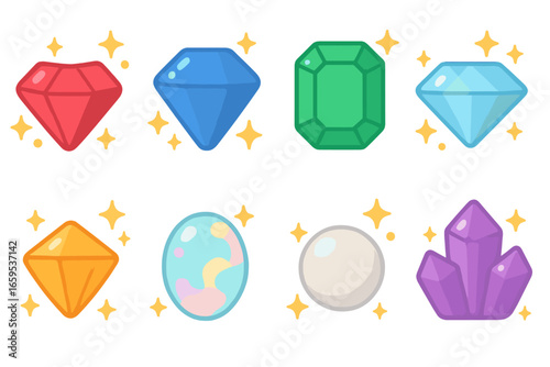 Colorful Gem Icons. Flat vector mini-illustrations glittery gems and jewels in colors children's illustrations: sparkling ruby,