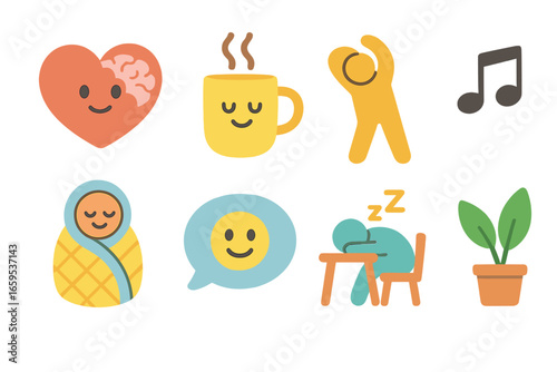 Remote Work Wellness Icons. Flat vector mini-illustrations Mental health in remote work in colors children's