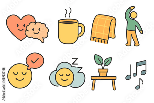 Remote Work Wellness Icons. Flat vector mini-illustrations Mental health in remote work in colors children's