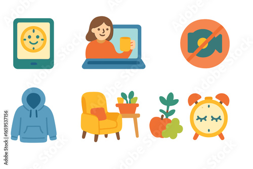 Remote Work Wellness Icons. Flat vector mini-illustrations digital wellness in remote work in colors