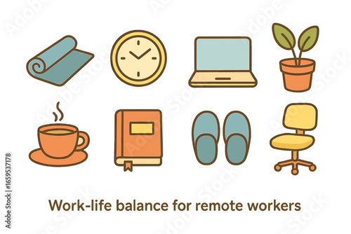 Remote Worker Essentials. Flat vector mini-illustrations Work-life balance for remote workers in colors