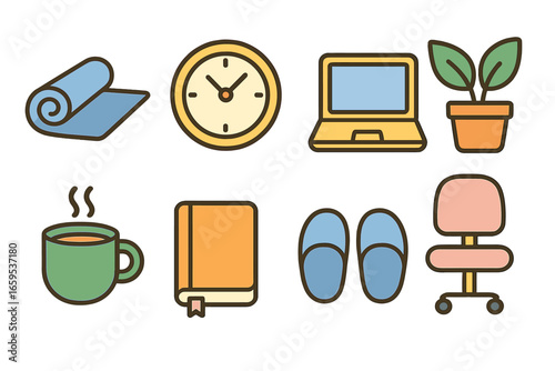 Remote Worker Essentials. Flat vector mini-illustrations Work-life balance for remote workers in colors