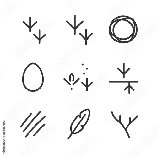 Bird Footprint Icons. Outline icon set of bird nesting footprints: chick footprints, parent footprints, nest prints, egg imprint,
