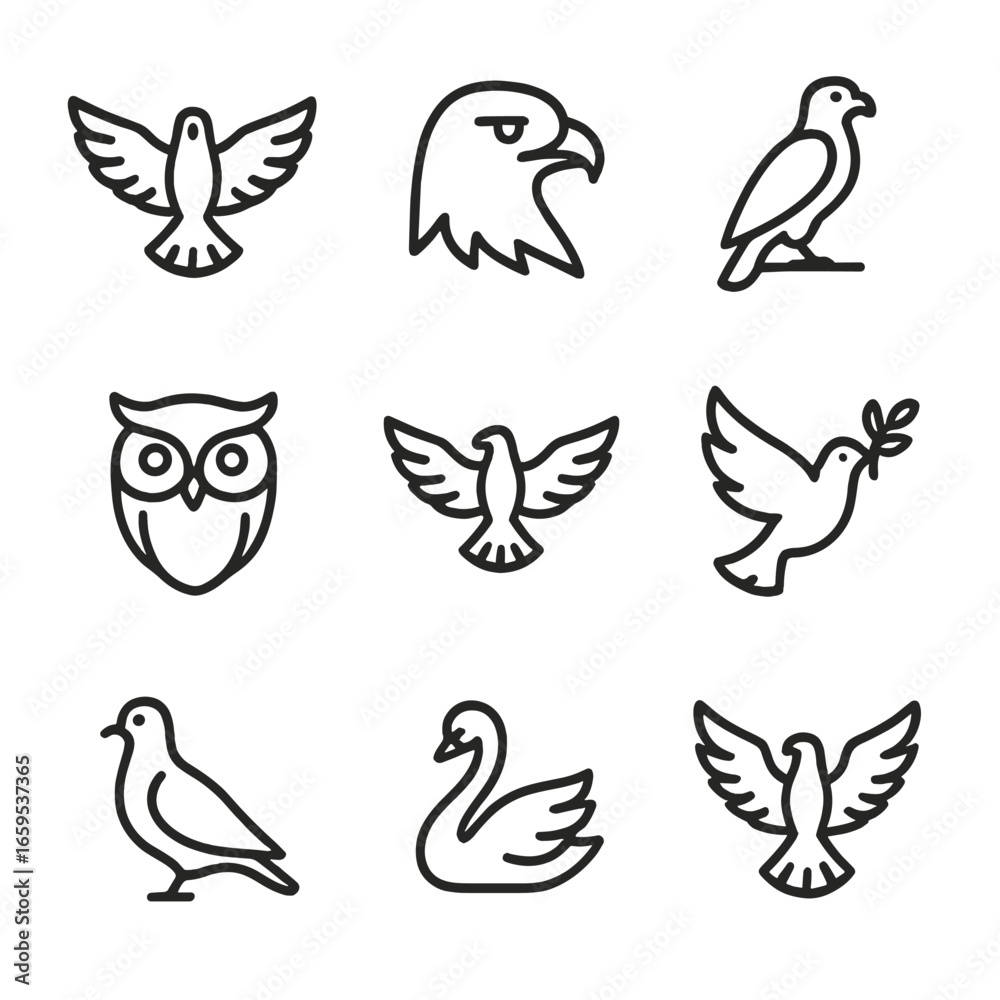 Fototapeta premium Bird Symbolism Icons. Outline icon set of big bird symbolism: freedom, strength, vigilance, nobility, wisdom, power, peace, grace,