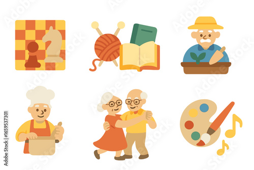 Retiree Activities Icons. Flat vector mini-illustrations Social activities for retirees in colors children's