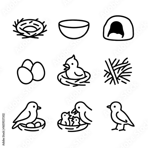 Bird Nest Icons. Outline icon set of small bird nests and eggs: twig nest, cup nest, cavity nest, eggs, hatchling, nesting