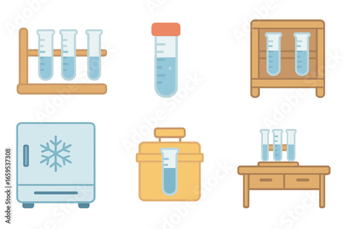 Colorful Lab Equipment Icons. Flat vector mini-illustrations graduated cylinder storage in colors children's illustrations: rack