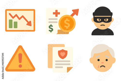 Retirement Financial Icons. Flat vector mini-illustrations Retirement financial risks in colors children's