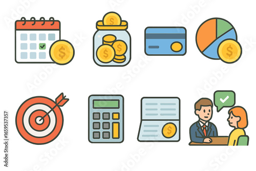 Retirement Savings Icons. Flat vector mini-illustrations Saving strategies for retirement in colors children's