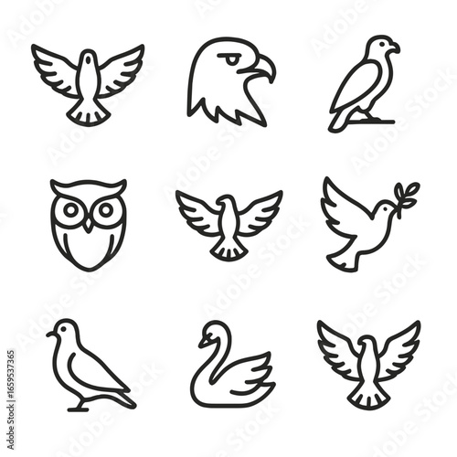 Bird Symbolism Icons. Outline icon set of big bird symbolism: freedom, strength, vigilance, nobility, wisdom, power, peace, grace,