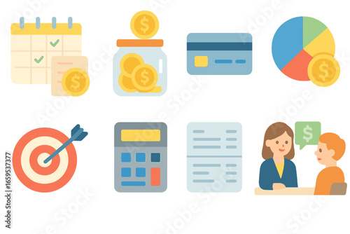 Retirement Savings Icons. Flat vector mini-illustrations Saving strategies for retirement in colors children's