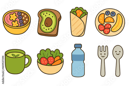 Retreat Snack Icons. Flat vector mini-illustrations Healthy eating at retreats in colors children's