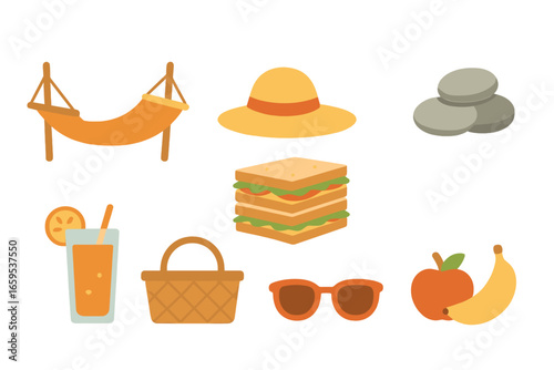 River Picnic Icons. Flat vector mini-illustrations relaxing by the river in colors children's illustrations: