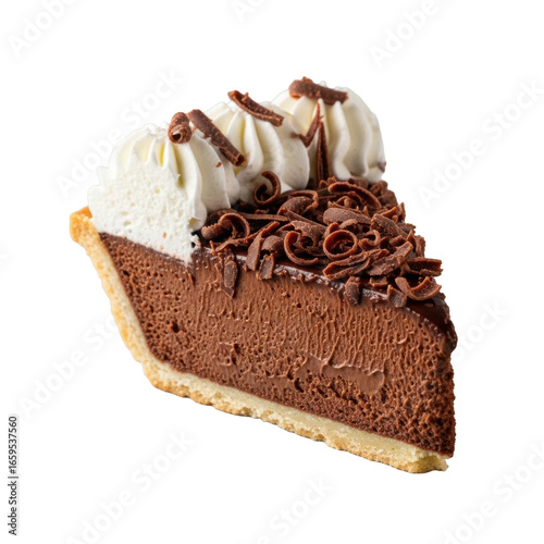 Perfectly cut French silk pie slice with rich, dark chocolate mousse, flaky crust, and airy whipped cream, adorned with chocolate shavings, isolated on transparent. Delicious gourmet dessert concept