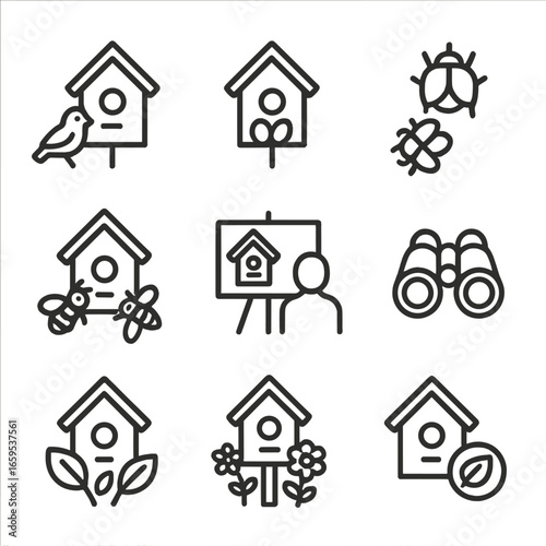 Birdhouse Benefits Icons. Outline icon set of birdhouse benefits: bird shelter, nesting site, insect control, pollination aid,