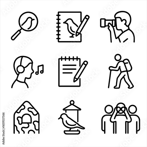 Birdwatching Icon Set. Outline icon set of birdwatching activities: bird identification, sketching, photography, listening to bird
