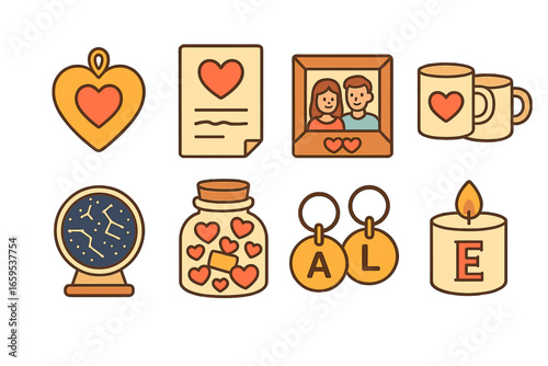 Romantic Gift Icons. Flat vector mini-illustrations Personalized romance gifts and keepsakes in colors