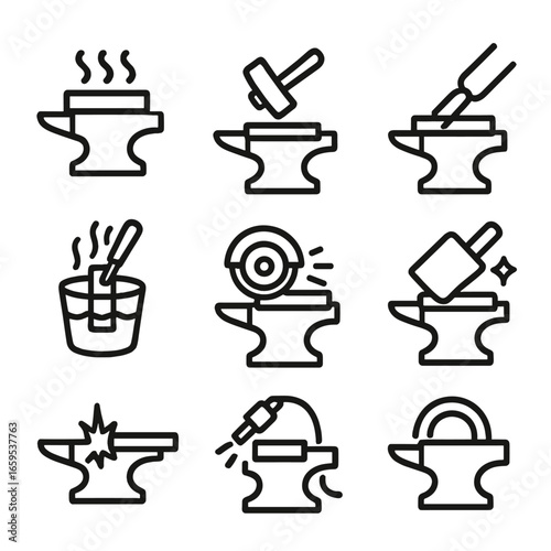 Blacksmith Icon Set. Outline icon set of blacksmith processes: heating metal, hammering, shaping, cooling in water, grinding,