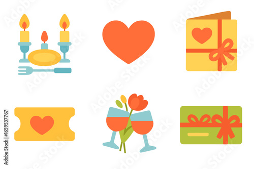 Romantic Gift Icons. Flat vector mini-illustrations Romantic experience gifts in colors children's
