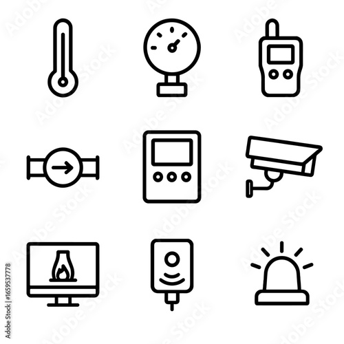 Blast Furnace Icons. Outline icon set of blast furnace monitoring tools: thermometer, pressure gauge, gas analyzer, flow meter,