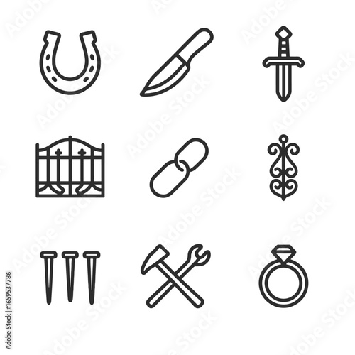 Blacksmith Icon Set. Outline icon set of blacksmith products: horseshoe, knife, sword, gate, chain, decorative ironwork, nails,