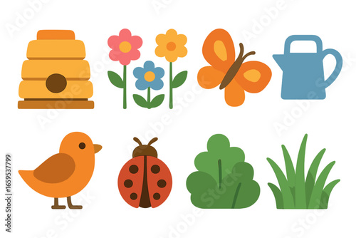 Rooftop Pollinator Icons. Flat vector mini-illustrations rooftop pollinator habitats in colors children's