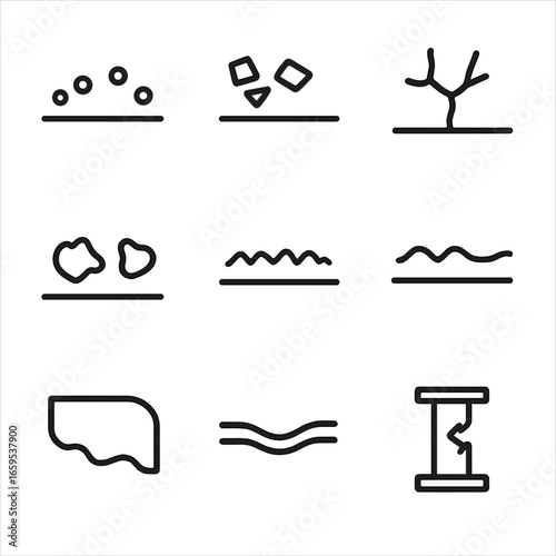 Corrosion Effects Icons. Outline icon set of corrosion effects: rust spots, metal flakes, cracks, holes, surface roughness,