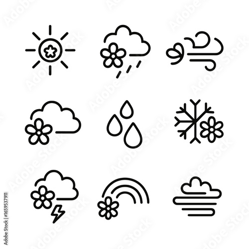 Blossom Weather Icons. Outline icon set of blossom related weather: sunny day, light rain, gentle breeze, cloudy sky, dew drops,