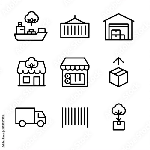 Cotton Trade Icons. Outline icon set of cotton global trade: cargo ship, shipping container, warehouse, retail store, textile