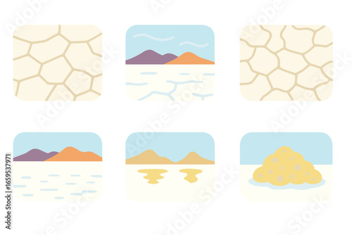 Salt Flats Icons. Flat vector mini-illustrations Salt flats biome in colors children's illustrations: cracked