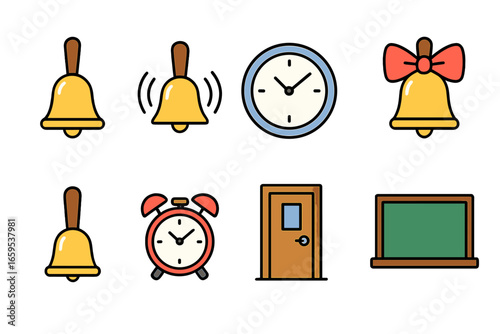 School Icon Set. Flat vector mini-illustrations school bell in colors children's illustrations: golden bell,