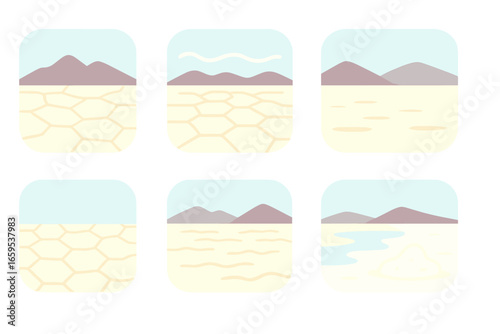 Salt Flats Icons. Flat vector mini-illustrations Salt flats biome in colors children's illustrations: cracked