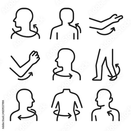 Body Movement Icons. Outline icon set of physical body turns: head turn, torso twist, arm rotation, wrist turn, ankle pivot, neck