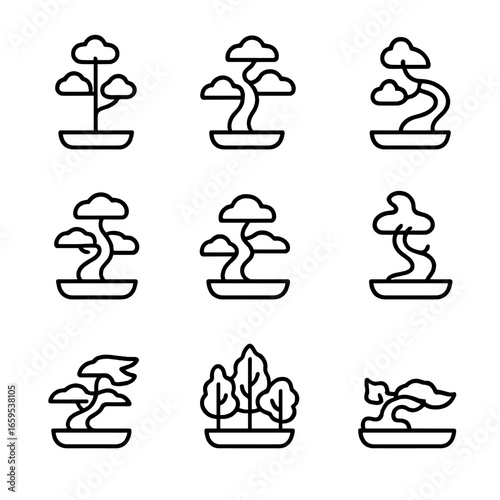 Bonsai Tree Icons. Outline icon set of bonsai tree styles: formal upright, informal upright, slanting, cascade, semi-cascade,