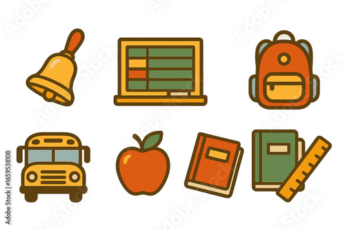 School Day Essentials. Flat vector mini-illustrations classroom start day in colors children's illustrations: