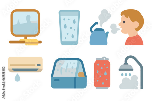 Daily Life Condensation. Flat vector mini-illustrations condensation in daily life in colors children's illustrations: bathroom