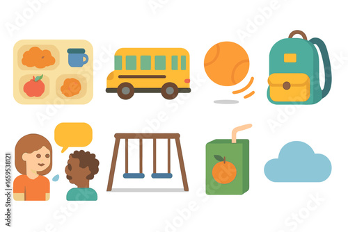 School Day Icons. Flat vector mini-illustrations After-school chats in colors children's illustrations: lunch