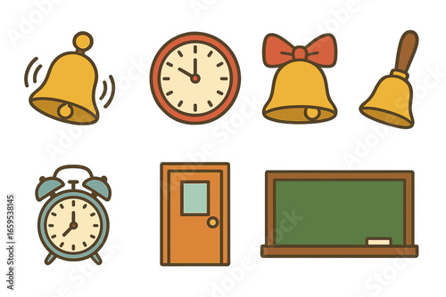 School Icon Set. Flat vector mini-illustrations school bell in colors children's illustrations: golden bell,