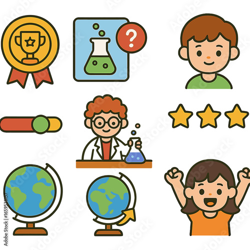 Science Learning Icons. Flat vector mini-illustrations gamification in science learning in colors children's