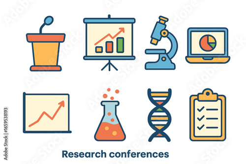 Scientific Conference Icons. Flat vector mini-illustrations research conferences in colors children's
